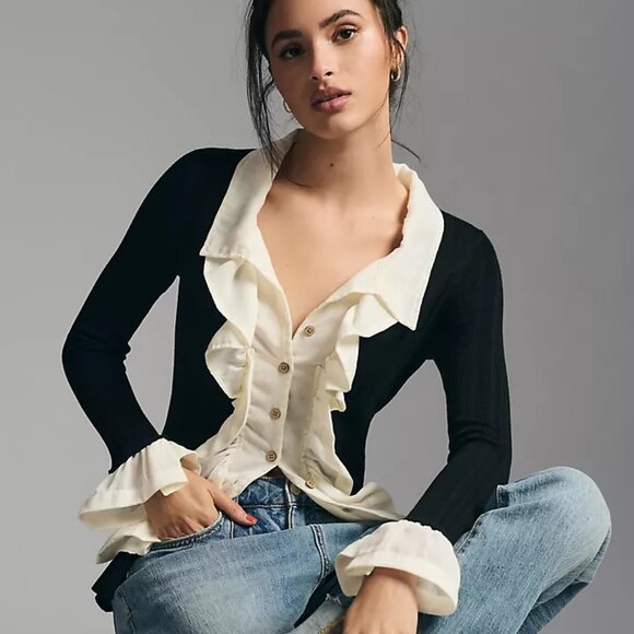 Anthropologie Sweaters - NWT Anthropologie Ruffle-Front Cardigan Sweater Black Size Small S NEW